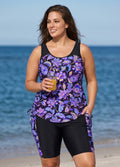 Plus Size Purple Paisley Scoop Neck Sleeveless Flattering Side Drawstring Pocketed Tankini Set