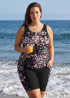 Black Floral Print Scoop Neck Sleeveless Modest Side Drawstring Pocketed Curvy Tankini Set