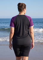 Curvy Black And Purple Colorblock Scoop Neck UPF50+ Short Sleeves Flattering Tankini Top