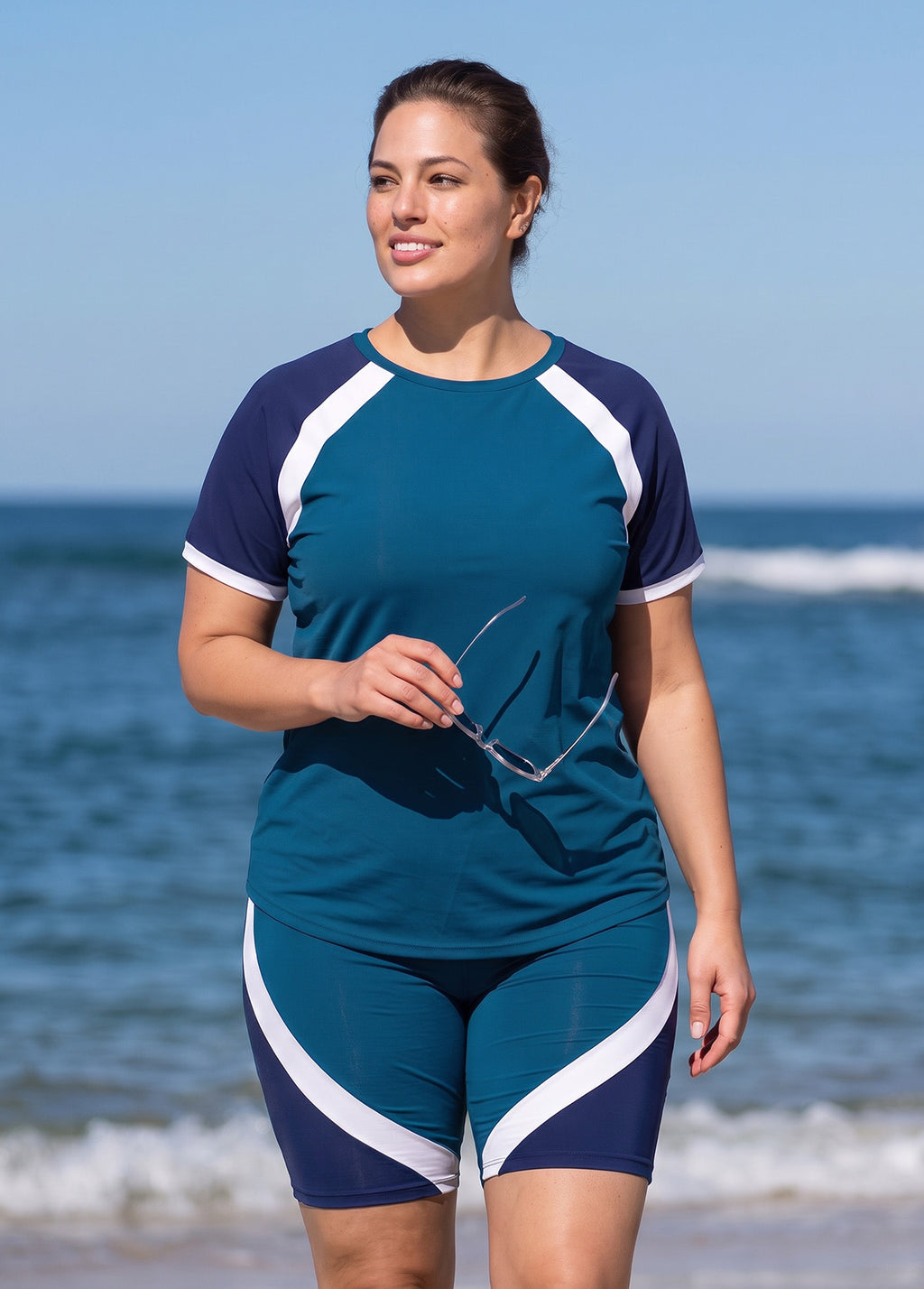 Teal And Navy Colorblock Scoop Neck UPF50+ Short Sleeves Flattering Curvy Tankini Top