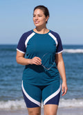 Teal And Navy Colorblock Scoop Neck UPF50+ Short Sleeves Flattering Curvy Tankini Top