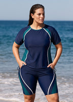 Plus Size Navy And Teal Colorblock Scoop Neck UPF50+ Short Sleeves Modest Drawstring Tankini Top