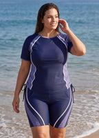Navy And Purple Colorblock Scoop Neck UPF50+ Short Sleeves Flattering Drawstring Curvy Tankini Top
