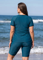 Plus Size Teal And Black Colorblock Scoop Neck UPF50+ Short Sleeves Modest Drawstring Tankini Top