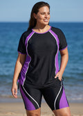 Black And Purple Colorblock Scoop Neck UPF50+ Short Sleeves Flattering Drawstring Curvy Tankini Top