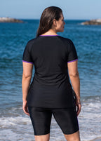 Black And Purple Colorblock Scoop Neck UPF50+ Short Sleeves Flattering Drawstring Curvy Tankini Top