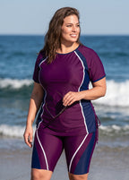 Purple And Navy Colorblock Scoop Neck UPF50+ Short Sleeves Modest Drawstring Plus Size Tankini Top