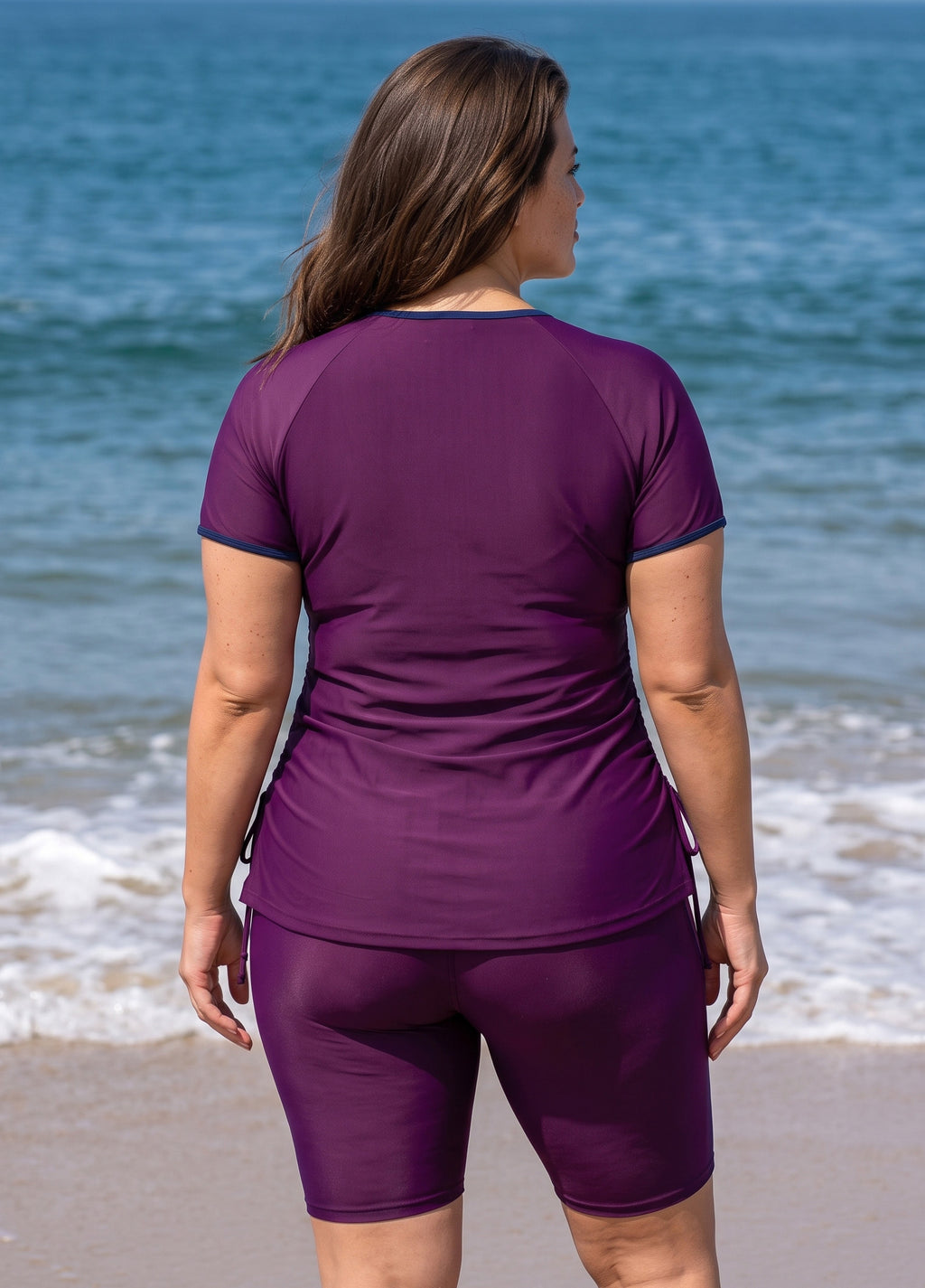 Purple And Navy Colorblock Scoop Neck UPF50+ Short Sleeves Modest Drawstring Plus Size Tankini Top