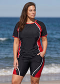 Plus Size Black And Red Colorblock Scoop Neck UPF50+ Short Sleeves Modest Drawstring Tankini Top