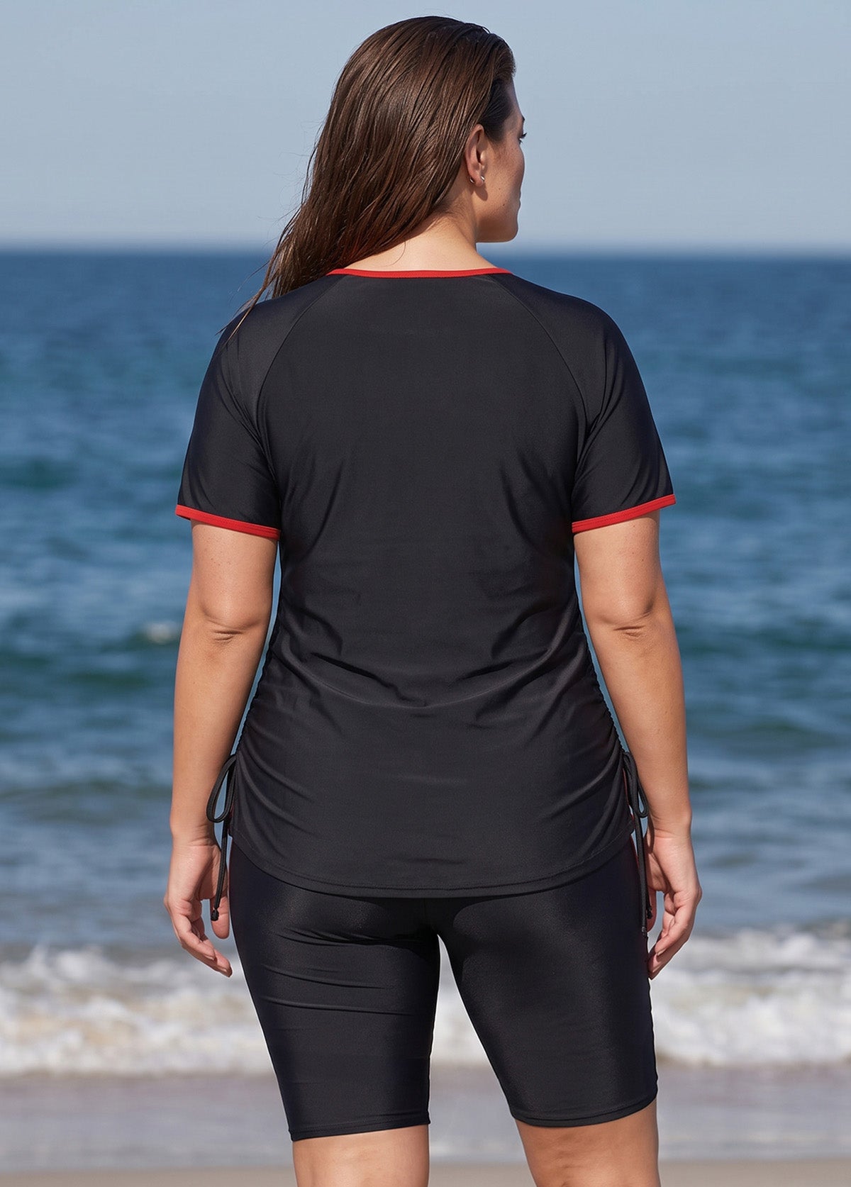 Plus Size Black And Red Colorblock Scoop Neck UPF50+ Short Sleeves Modest Drawstring Tankini Top