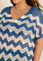 Blue And White Geometric Slit Hem Cutout Swimsuit Cover Up