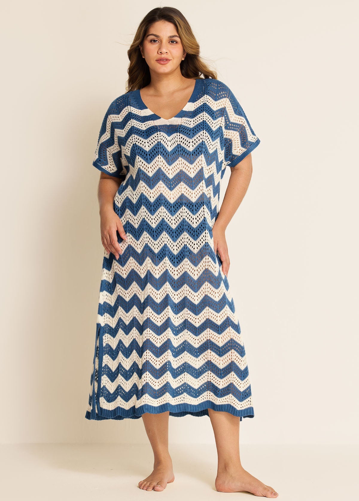 Blue And White Geometric Slit Hem Cutout Swimsuit Cover Up