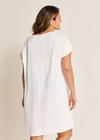 White Lace Up Neckline Short Sleeves Plus Size Bathing Suit Cover Ups Dress