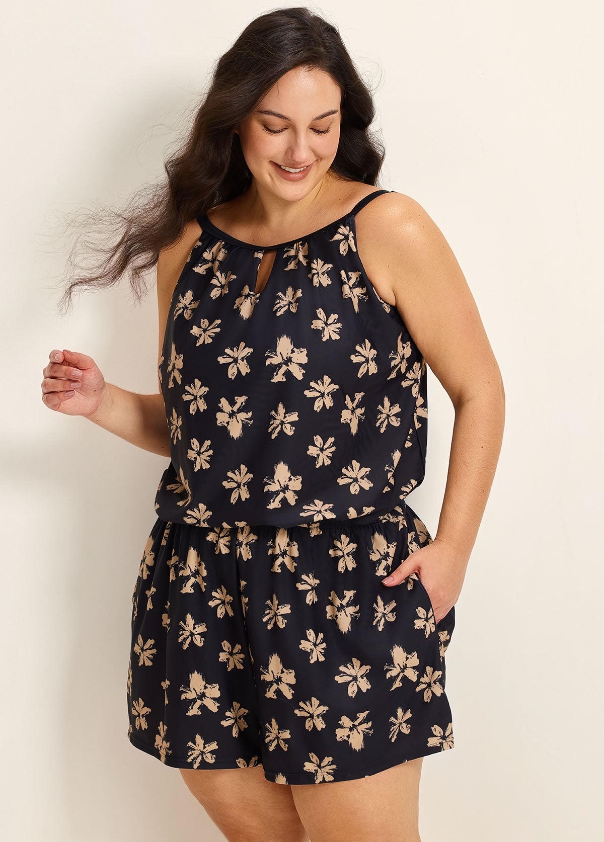 Yellow Floral Keyhole Neck Modest Pocket Curvy Women's Swimsuit One Piece Swim Romper