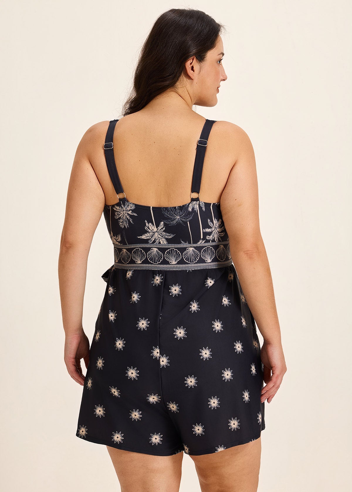 Curvy Black Palm Tree Print Flattering Wrap Pocket Curvy Swimsuit One Piece Swim Romper
