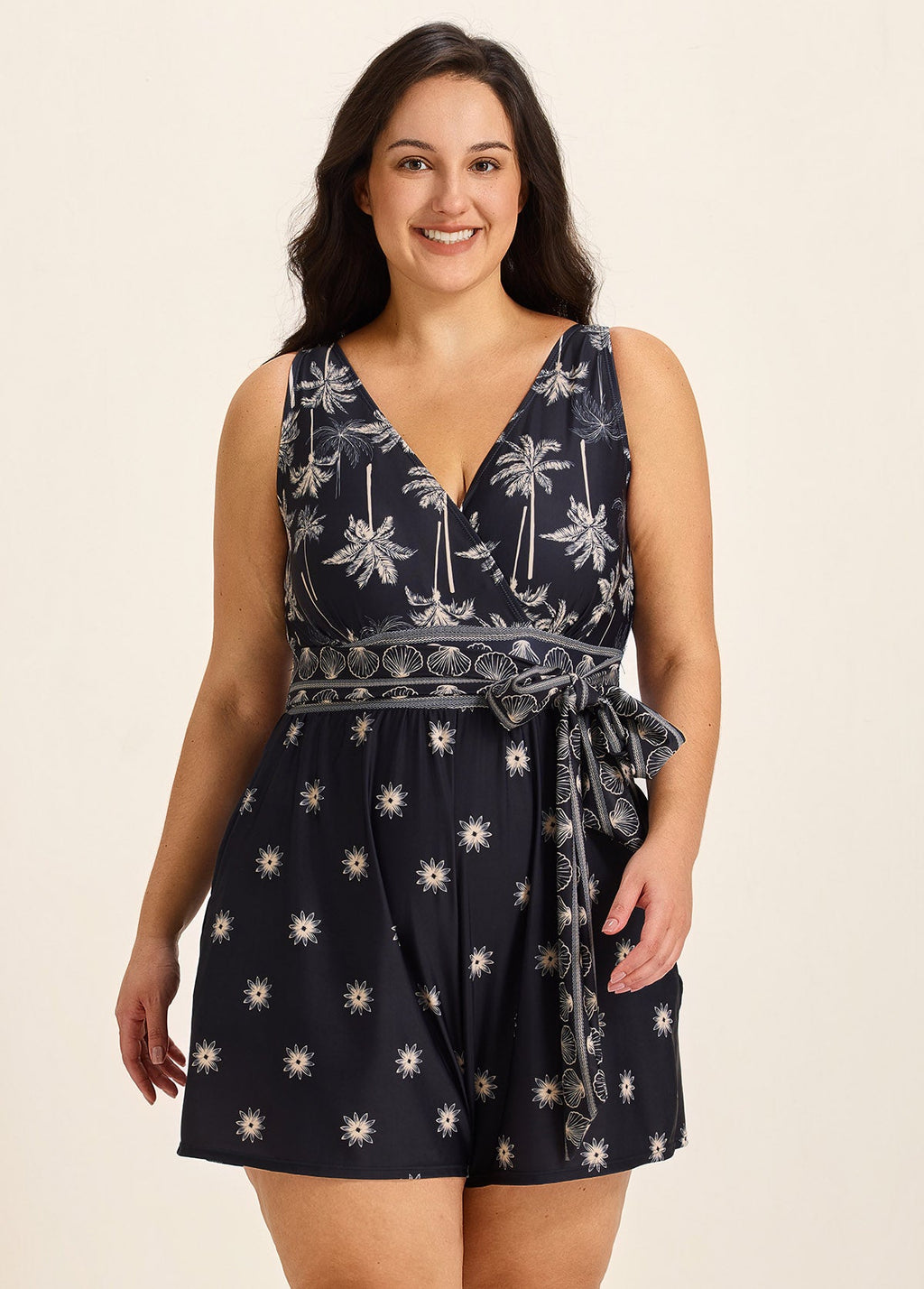Curvy Black Palm Tree Print Flattering Wrap Pocket Curvy Swimsuit One Piece Swim Romper