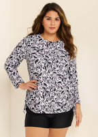 White Round Neck Long Sleeve Floral Printed Side Tie Plus Size Tankini Top