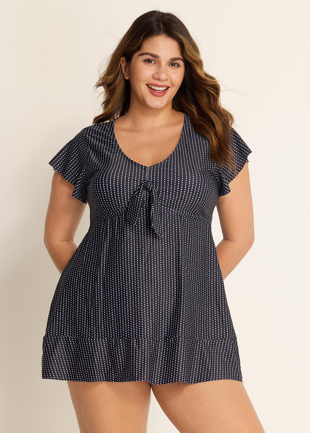 Deep V-neckline Tie Front Women Tankini Top