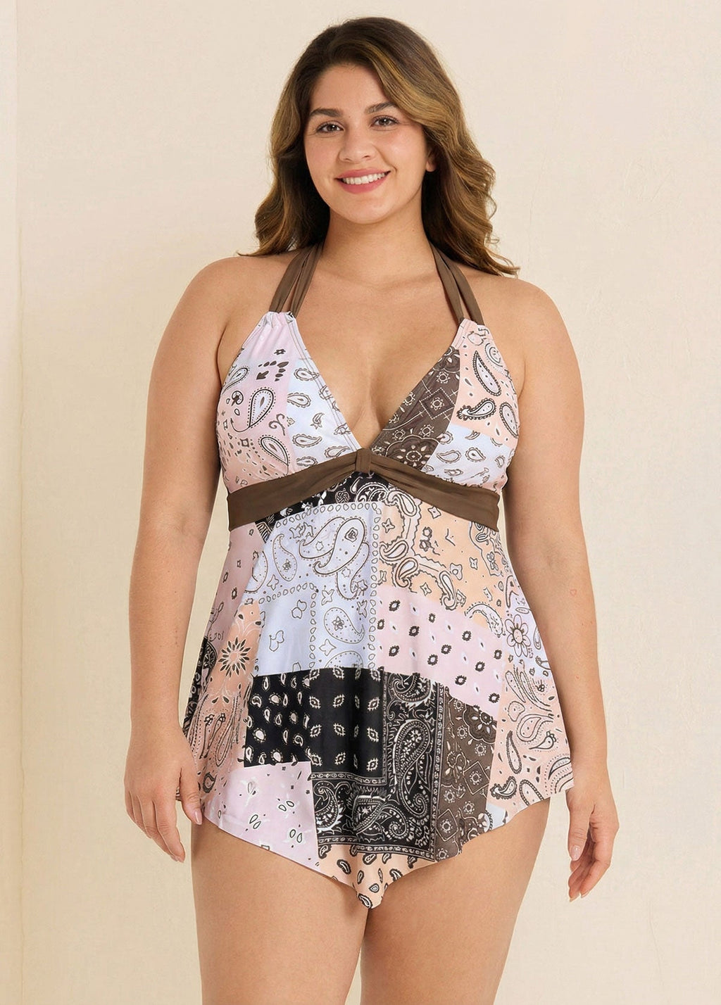 Paisley Print Halter V Neck Flowy Women Tankini Top