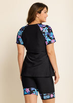 Black Floral Pullover Short Sleeve Fashion Casual Tankini Set