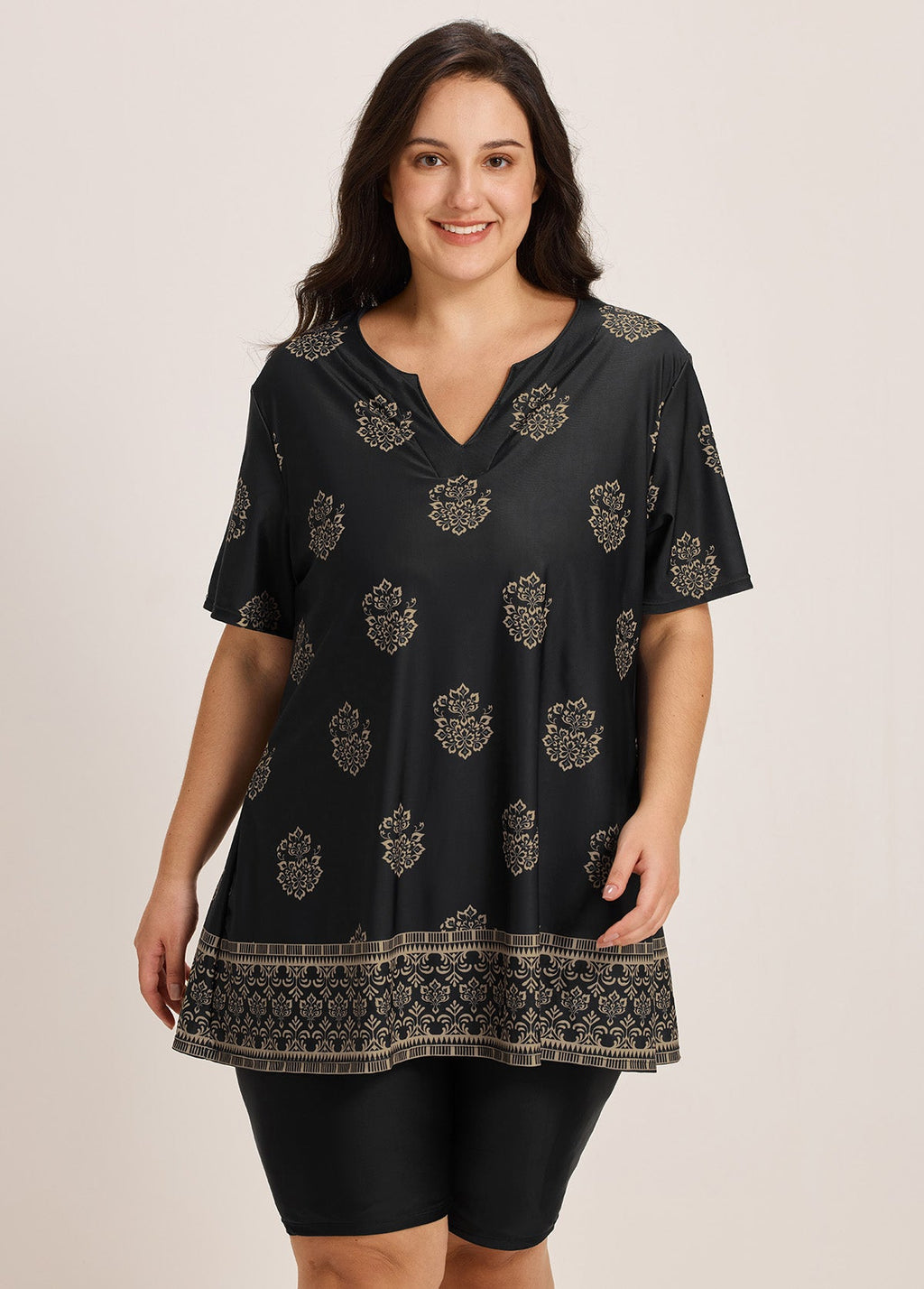 Curvy Black Floral V Neck Loose Short Sleeves Swimsuit Tankini Top