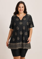 Curvy Black Floral V Neck Loose Short Sleeves Swimsuit Tankini Top