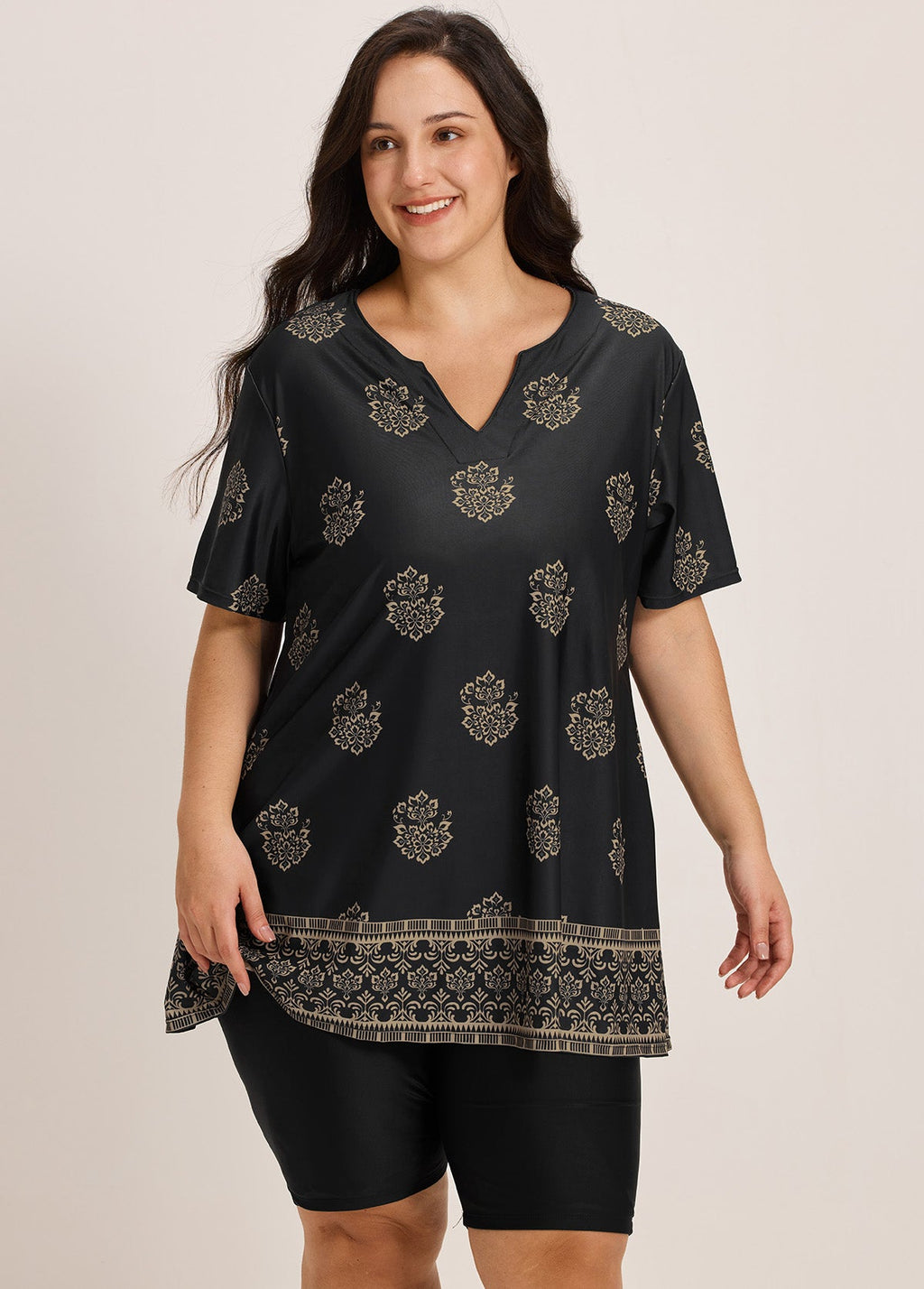 Curvy Black Floral V Neck Loose Short Sleeves Swimsuit Tankini Top