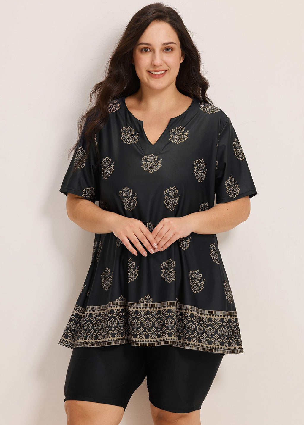 Curvy Black Floral V Neck Loose Short Sleeves Swimsuit Tankini Top