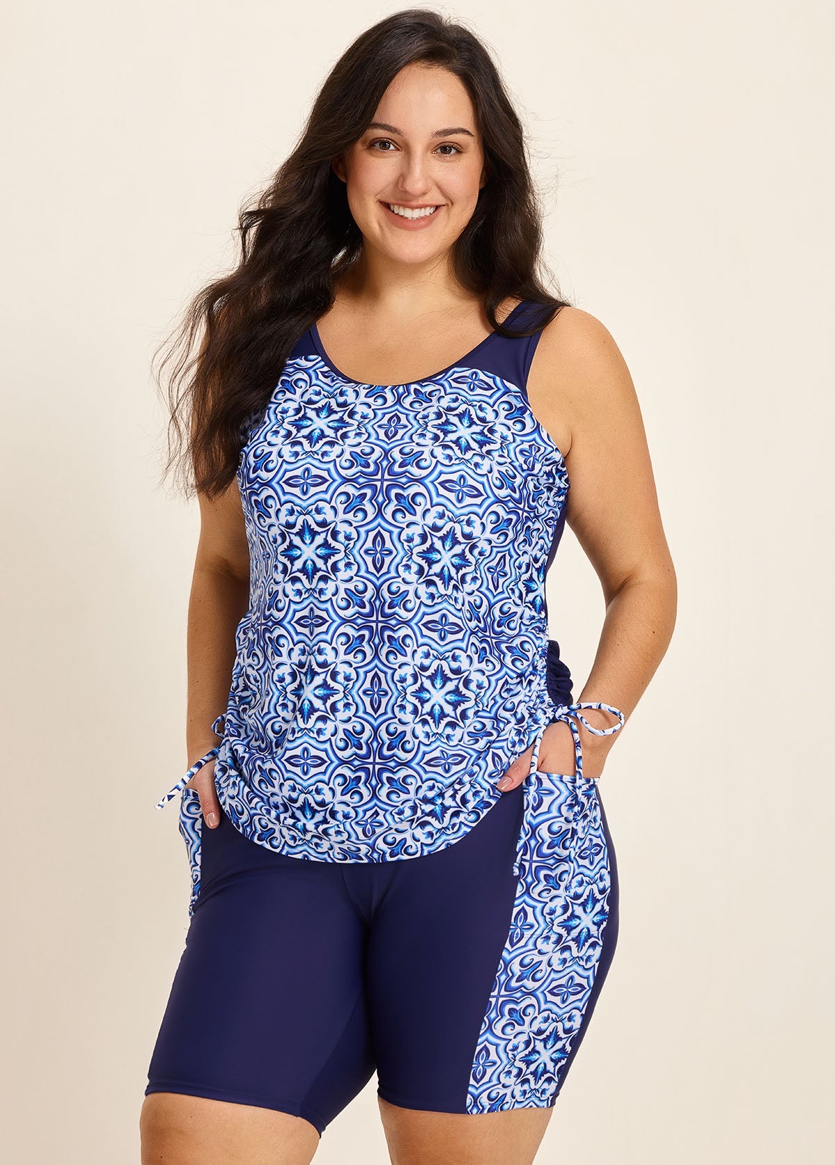 Blue Floral Print Scoop Neck Modest Built In Bra Drawstring Plus Size Women's Swimsuit Tankini Set