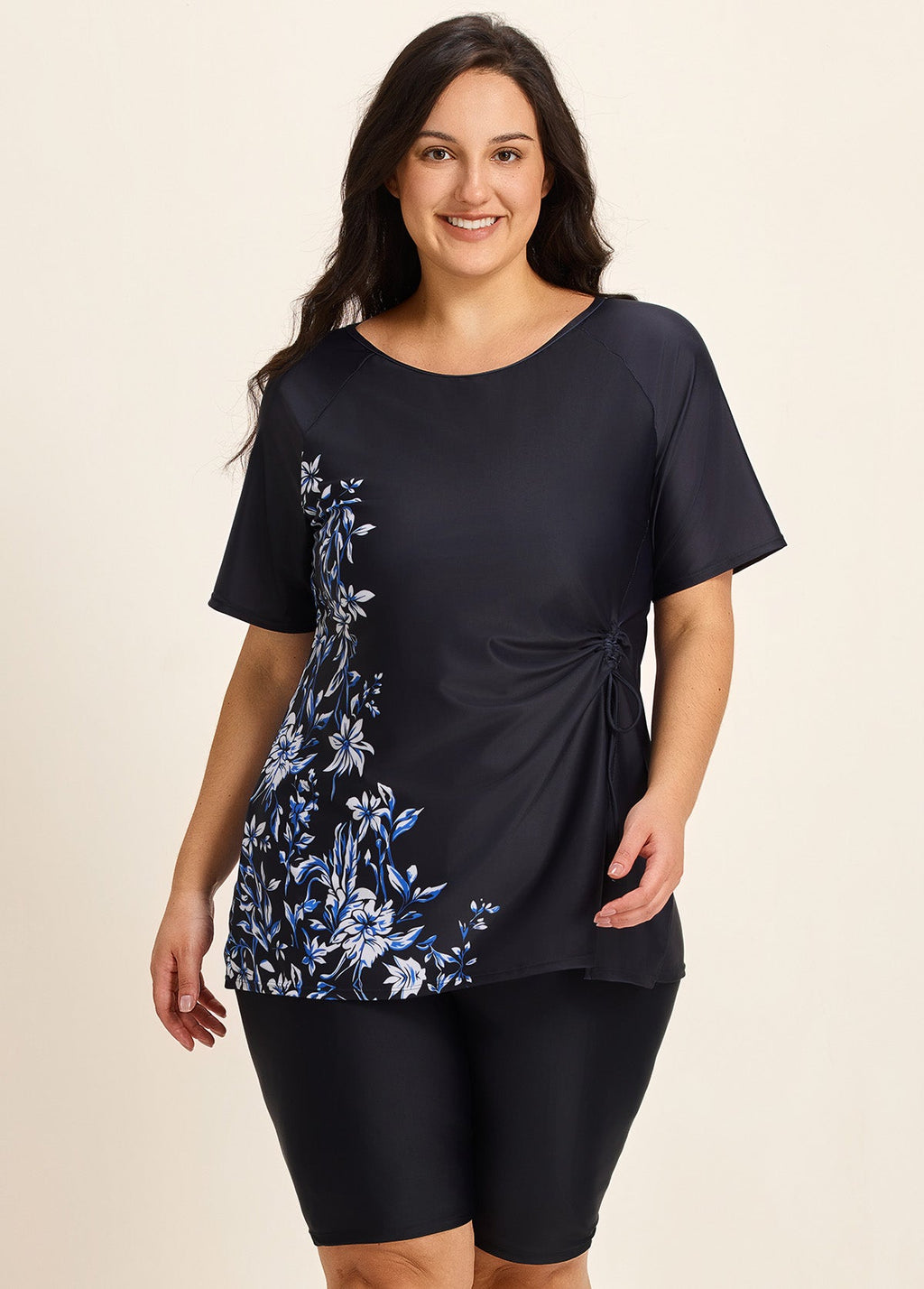 Curvy Black Floral Upf50+ Short Sleeves Vintage Side Drawstring Swimsuit Shirt Tankini Top