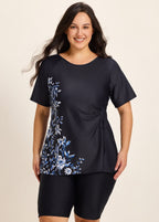 Curvy Black Floral Upf50+ Short Sleeves Vintage Side Drawstring Swimsuit Shirt Tankini Top
